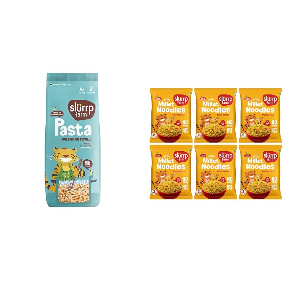 Slurrp Farm No Maida Multigrain Fusilli Pasta | No Transfat | Healthy Pasta made with Brown Rice and + Slurrp Farm No Maida, No MSG Instant Noodles | Magic Masala | Not Fried, Millet Noodles, 6 X 57 g