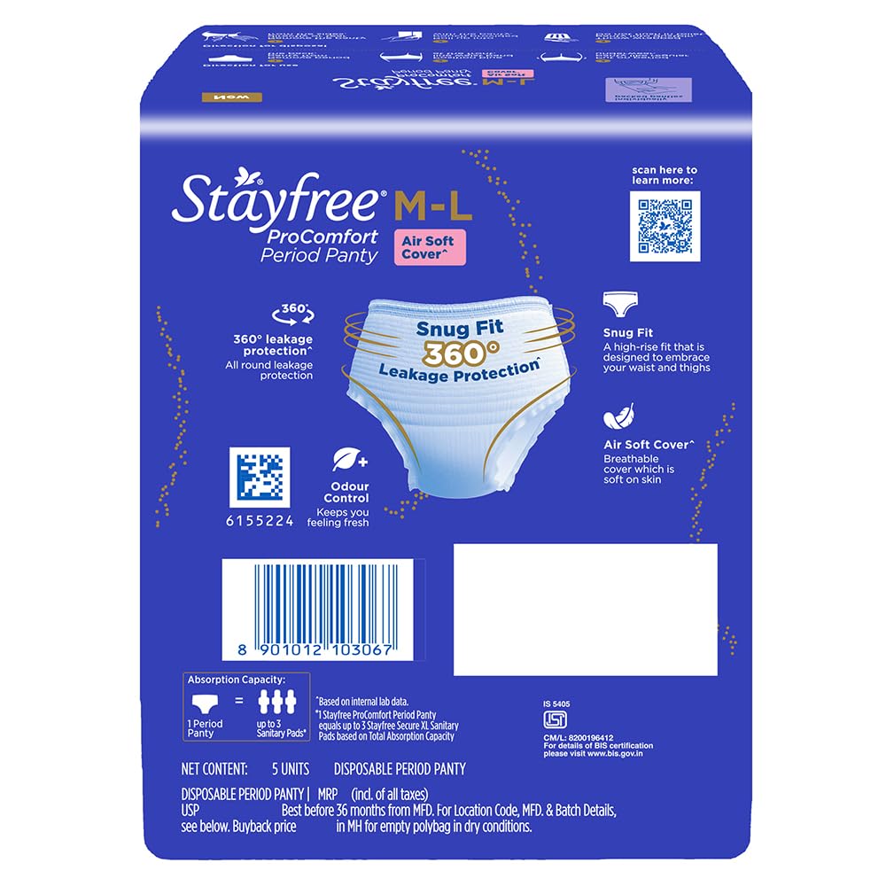 Stayfree ProComfort Period Panty for Women | Disposable Period Pants Pack of 5, M - L | Air Soft Cover | 360° Leakage Protection for Heavy Flow| Snug Fit | Odour Control
