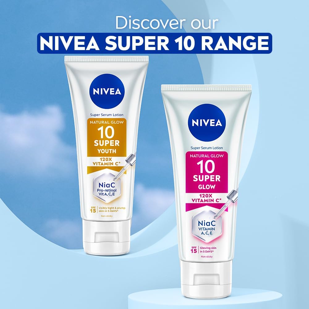 Nivea Extra Bright Body Serum Lotion 300ml with 10 Super Vitamins Brightening Body Lotion for Glowing Skin Fast Absorbing Hydrating Moisturizer Daily Use for Even Skin Tone and Radiance Improvement