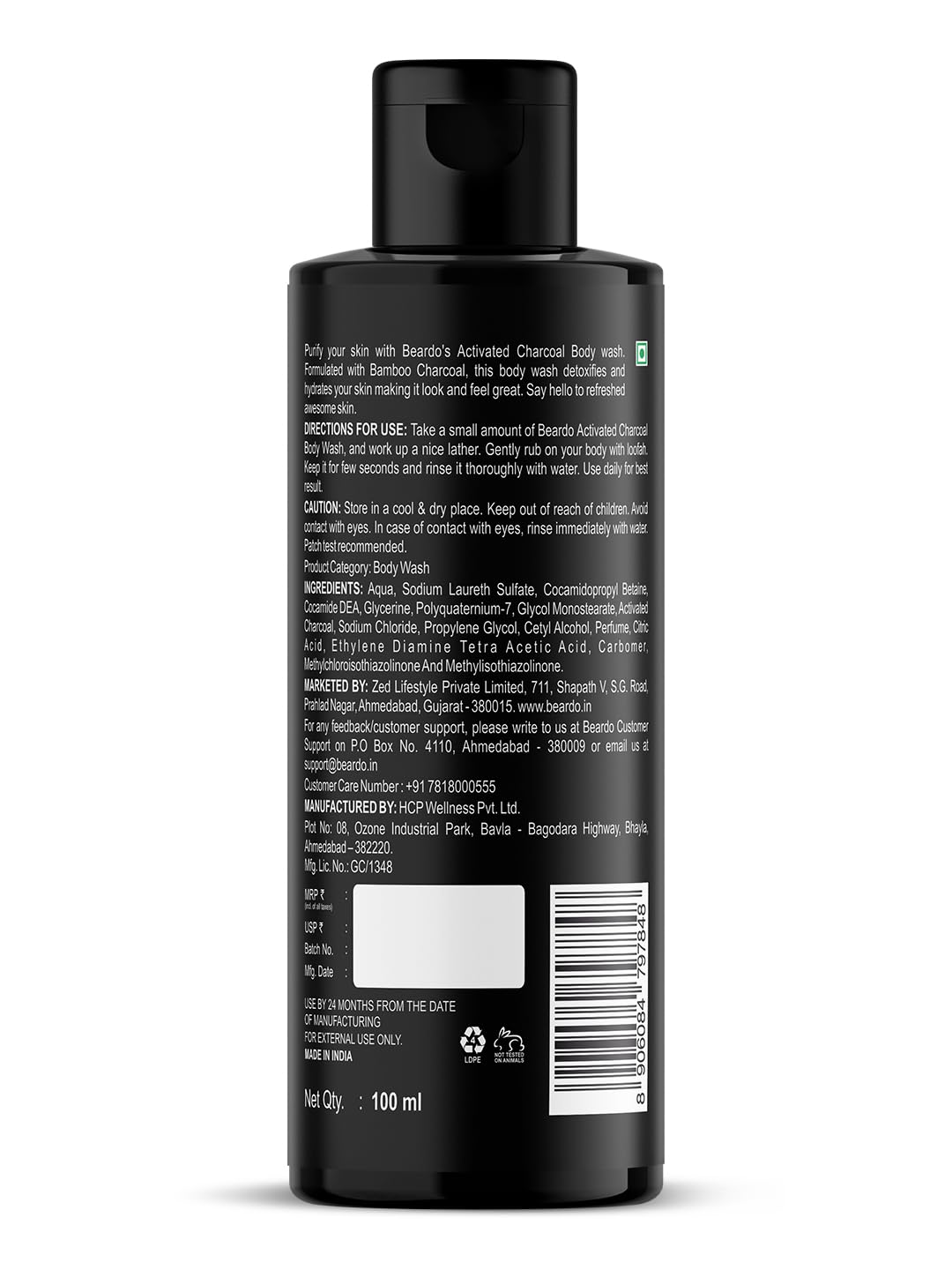 Beardo Activated Charcoal Anti-Pollution Body Wash, 100ml | Deep Pore Cleaning | Removes Dirt & Impurities | For Body & Face | Reduces Acne | Oil Control | For Men