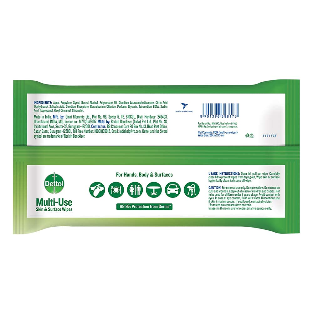 Dettol Disinfectant Sanitizer Wet Wipes For Skin & Surfaces , Original 80 Count| Moisture-Lock Lid | Safe On Skin | Ideal To Clean Surfaces