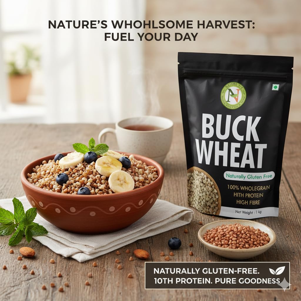 NatureVit Buckwheat Seeds, 5kg (1kg x 5 Packets) | Kuttu Giri | Hulled, Gluten Free Buckwheat Millet | High in Plant Protein & Fibre | Soak & Eat As Porridge