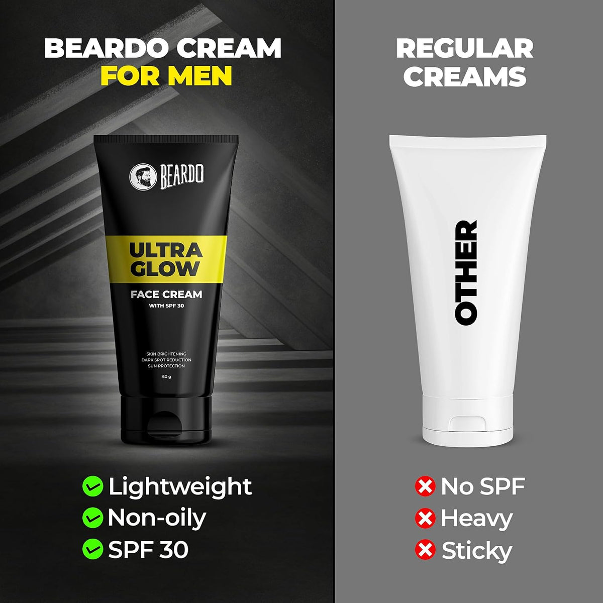 Beardo Activated Charcoal Face Wash, 100ml and BEARDO Ultraglow Face Cream SPF 30 for Men, 60g Combo