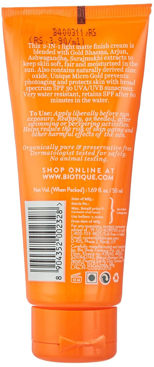 Biotique Sun Shield Micro Gold 30+Spf Matte Cream Sunscreen Ulra Protective Oil Control For Normal Skin, 50Ml, Pack Of 1