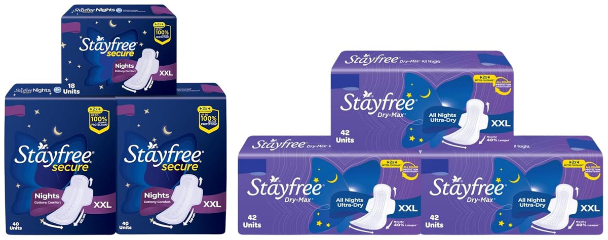 Stayfree Secure Night Sanitary Napkins For Women (98 Pads), & Dry Max Xx Combo Pack 126 Pads