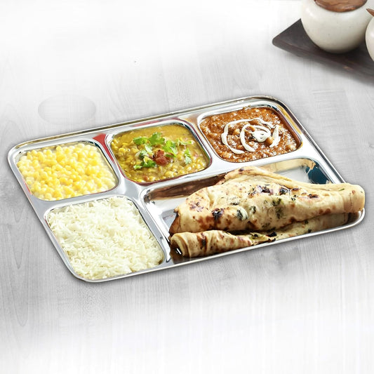 Parage 6 Pieces Stainless Steel 5- Compartment Plate Set/Dinnerware/ 5 in 1 Partition Thali/Kitchenware for Home, Restaurants- Bhojan Thali (Silver)