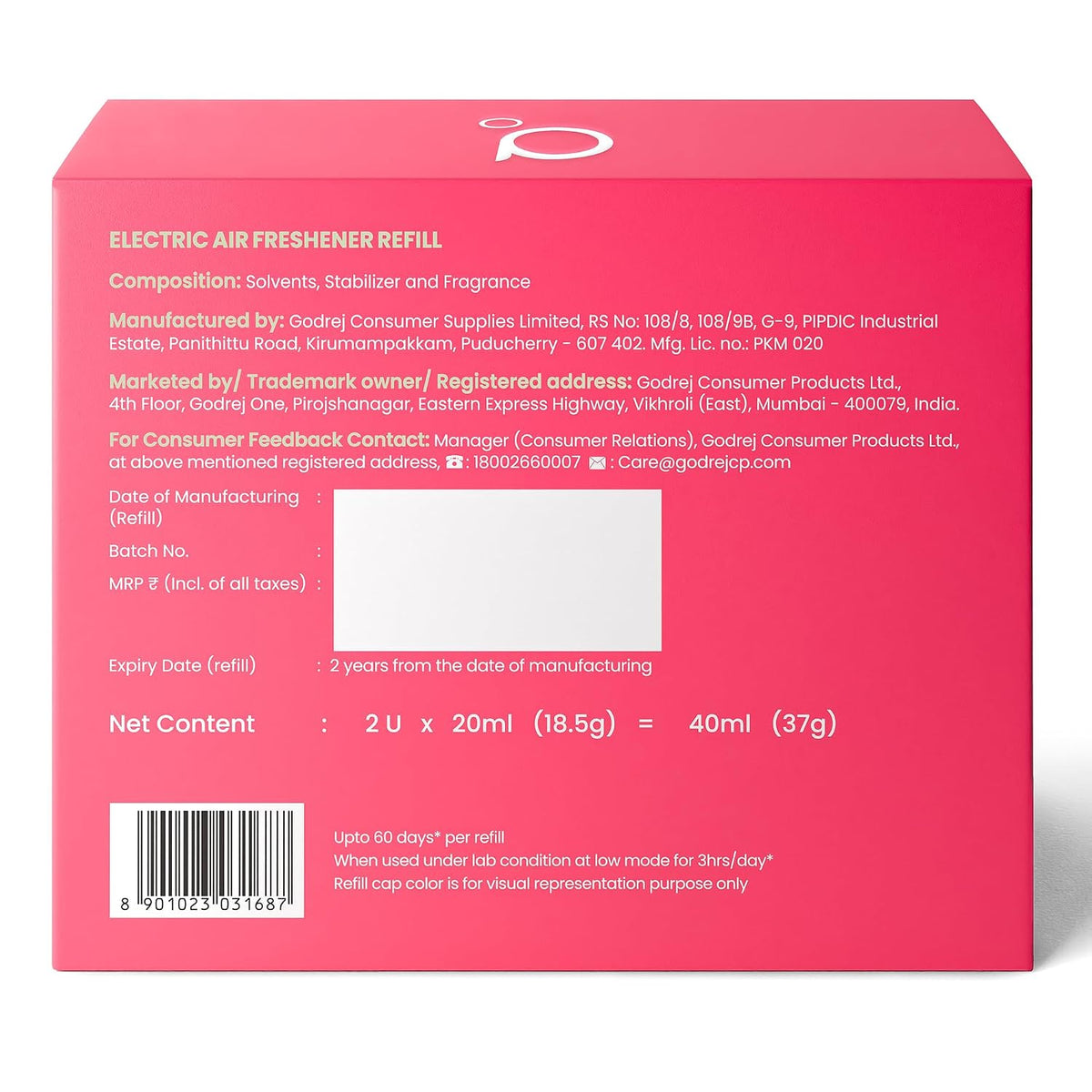 Godrej aer Plug Electric Air Freshener 2 Refills (20ml each) | Rose Blossom | Lasts up to 120 days (Pack of 2)