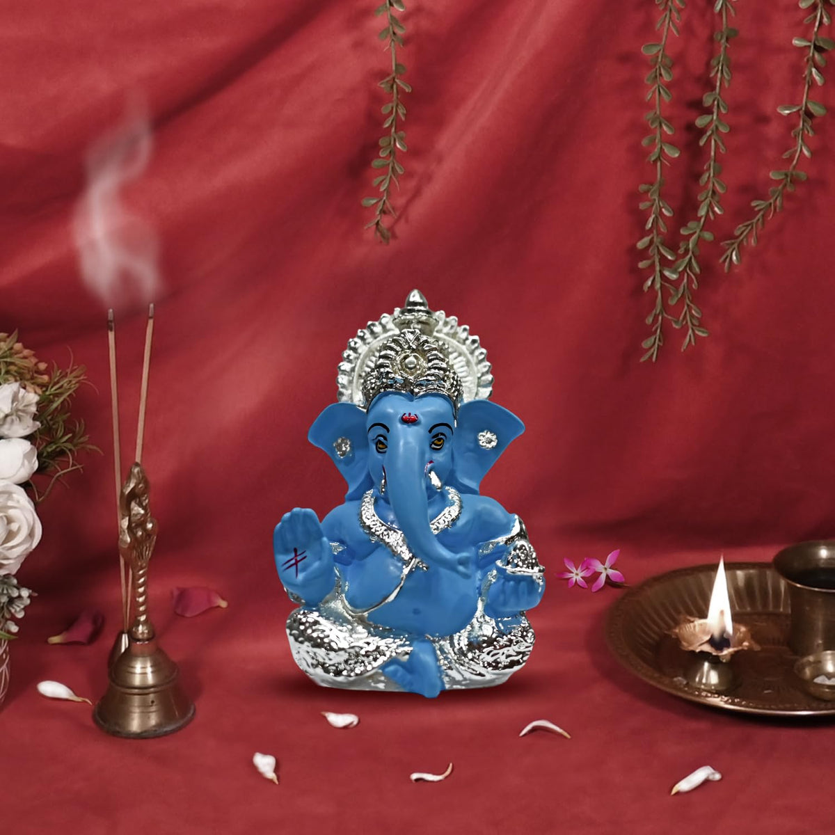 DIVINITI 999 Silver Plated Ganesha Idol for Home Decor Puja |Ganesh Idol for Home Decor Ganpati for Gift 3.5 inches |Ganesh Statue Gift for Office Desk Puja Room Figurine (8.89 x 5.08 cm) (Sky Blue)