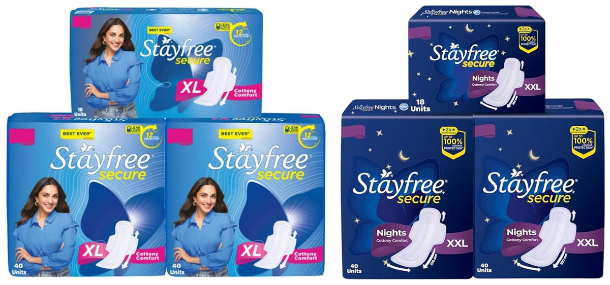 Stayfree Secure Night Sanitary Napkins for Women (196 Pads), Cottony Soft, Extra Large with Wings, Overnight Protection, Heavy Absorbency, Disposable, Unscented/Fresh