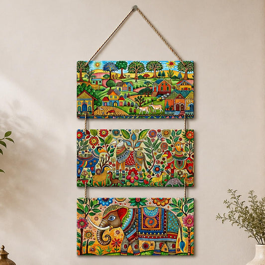 Artvibes Madhubani Village Life Decorative MDF Wooden Wall Art for Home | Living Room | Office | Cafe | Painting Wall Decor | Aesthetic Wooden Decor | Handcrafted Art | Ideal Gifts (WH_9443N)