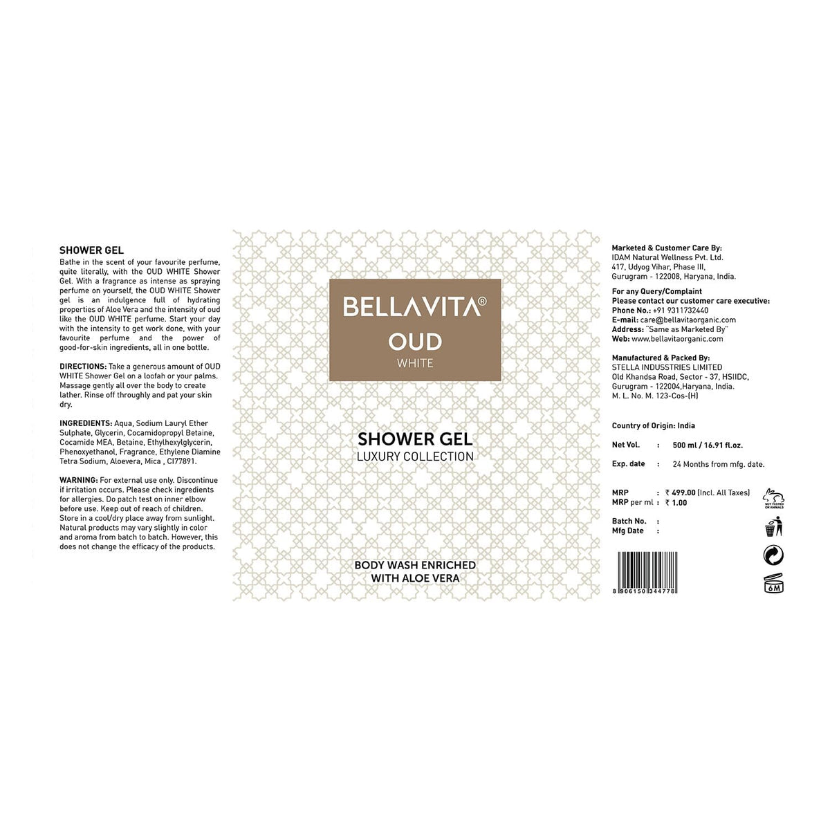 Bella Vita Luxury OUD WHITE Body Wash Refreshing Shower Gel for Deep Cleansing, Hydrating, Moisturising, Softer & Smoother Skin with Aloe Vera 500 ml