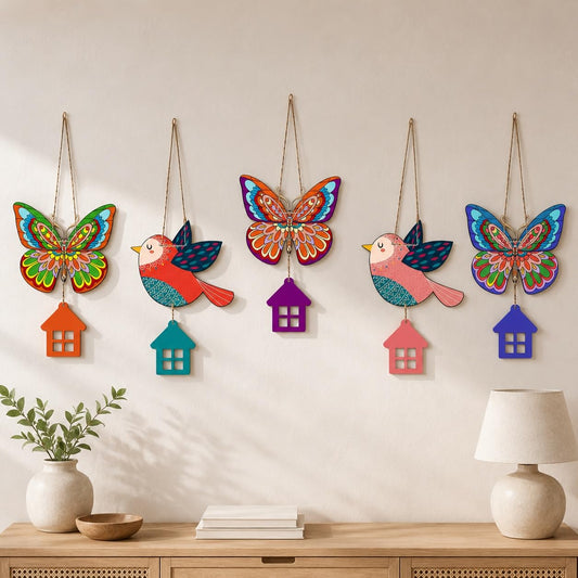 Artvibes Multicolored Birds & Butterfly Wooden Wall Hanger for Home Decor | Modern Decoration Items | Handcrafted Art | Wall Illustrations | Aesthetic Wall Hanging | Ideal Gifts (WH_9123N), Set of 5