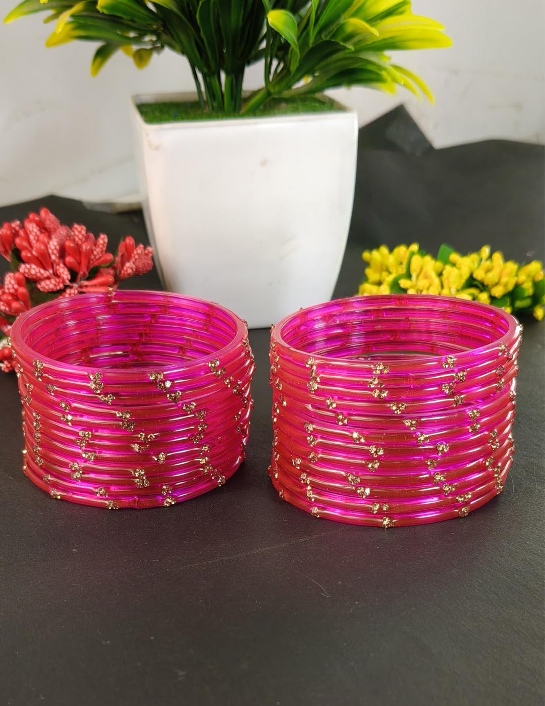 NMII Viral & Trendy Glass Bangles with Zircon Gemstone Work For Women & Girls | Designer Glass ki Chudi | Stylish Kanch Ki Choodi | Stylish Girl's Bangles Bracelet for Wedding, Party - Set of 24