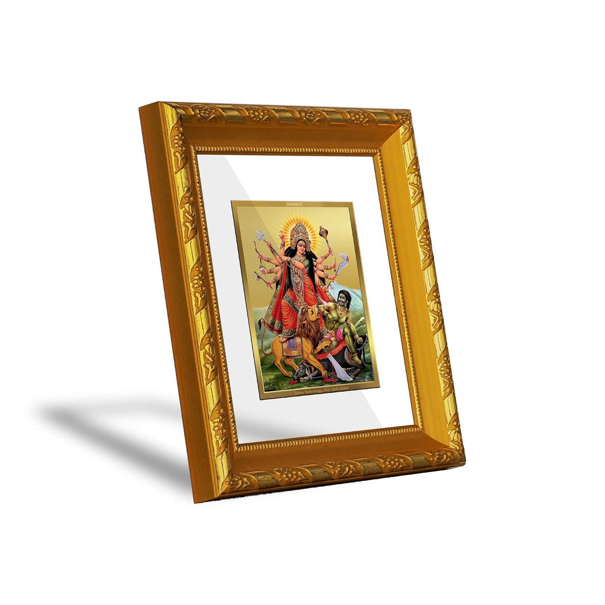 Diviniti Goddess Durga Gold Plated Wall Photo Frame, Table Décor| DG Frame 103 Size 1 and 24K Gold Plated Foil| Religious Photo Frame Idol For Pooja, Gifts Items (16.5 CM X 15.5 CM)