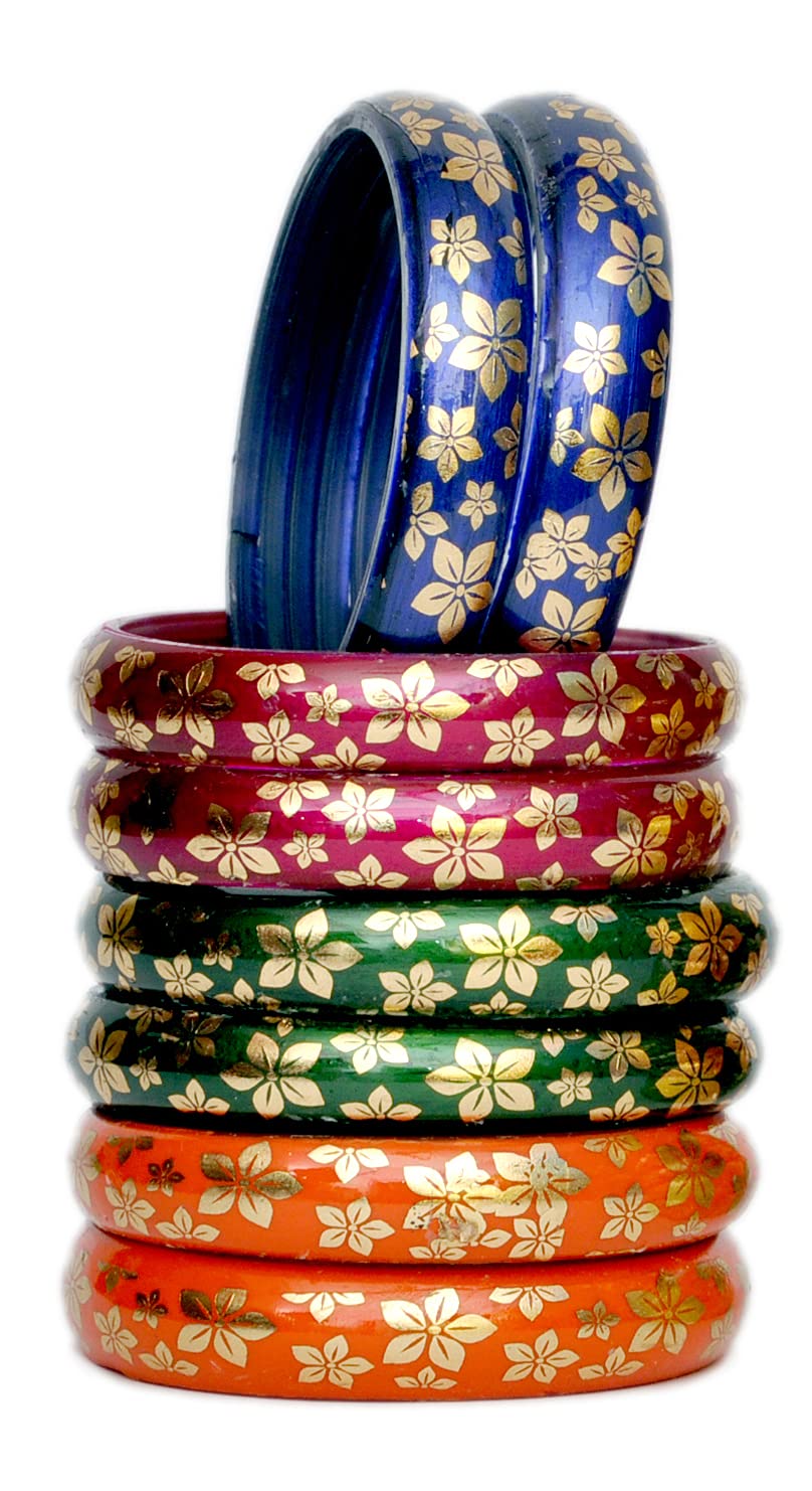 NMII Multicolour Glass with Golden Print Design Glossy Finished Kada Set For Women and Girls