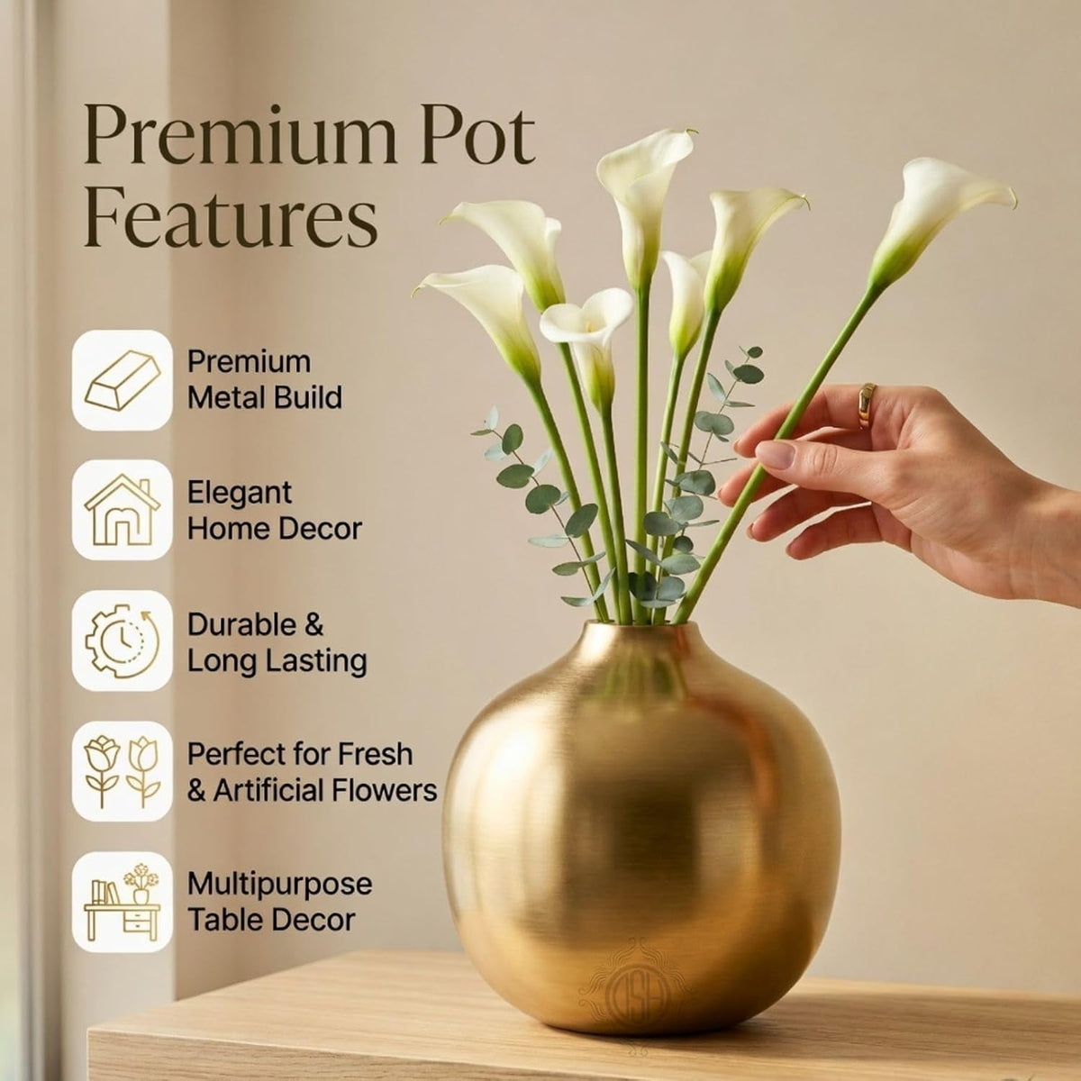 DSH Metal Flower Vase for Living Room Decor, Modern Decorative Tabletop Vase for Center Table, Console Table, Shelf, Office and Home Decoration