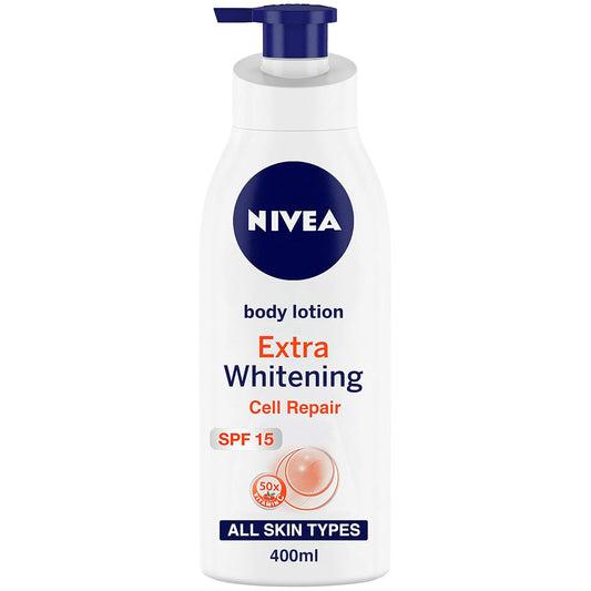 Nivea Body Lotion, Extra Whitening Cell Repair SPF 15, For All Skin Types, 400ml & Lip Balm, Original Care, 4.8g
