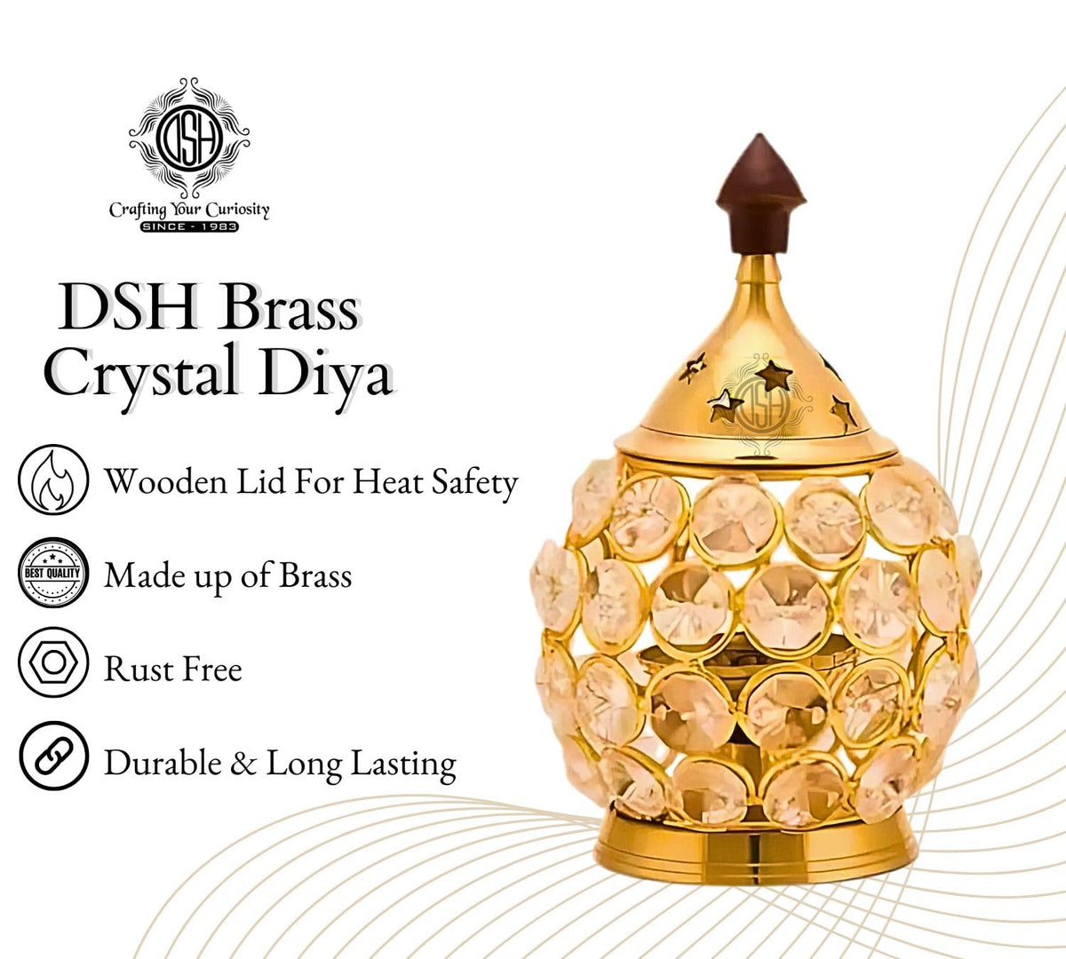 DSH Brass and Crystal Akhand Diya for Puja Decorative Crystal Oil Lamp Tea Light Holder Home Decor Diwali Decoration Diya.