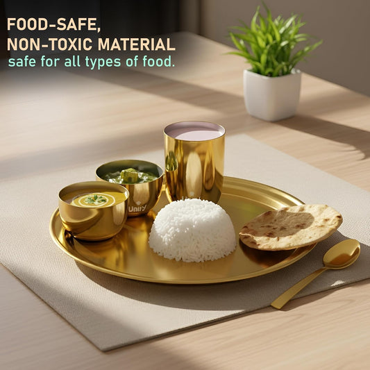 Unify By Parage Stainless Steel PVD Gold Plated Thali Set | Premium Dinner Plate with Bowls, Spoon & Glass | Royal Gold Dinnerware for Home, Restaurant & Festive Gifting | Food Grade & Rust Proof