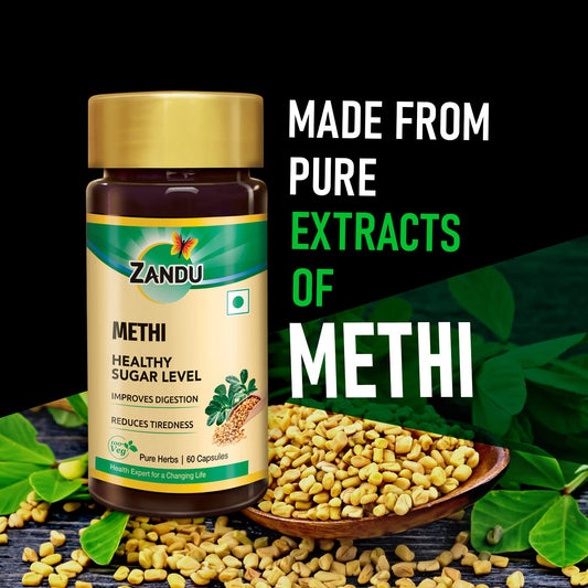 Zandu Methi Capsules (Fenugreek), Extracts of Methi (60 Veg Capsules x 2)
