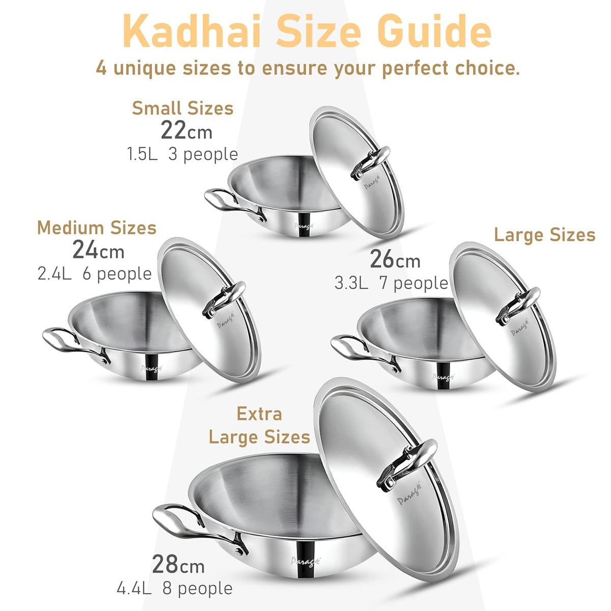 Parage Triply Stainless Steel Kadai with Lid 28 cm, 4 LTR | ISI Certified | Heavy Bottom SAS Triply Kadhai for Deep Frying & Cooking | Tripure | Induction & Gas Stove Compatible | 5 Years Warranty