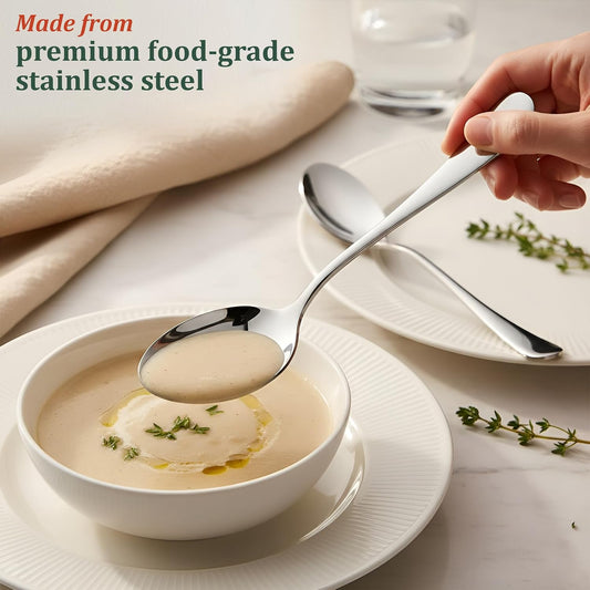 Parage 6 Pieces Stainless Steel Table Spoons Set with Round Edge, 18.5 cm, Tableware, Set of 6, Silver