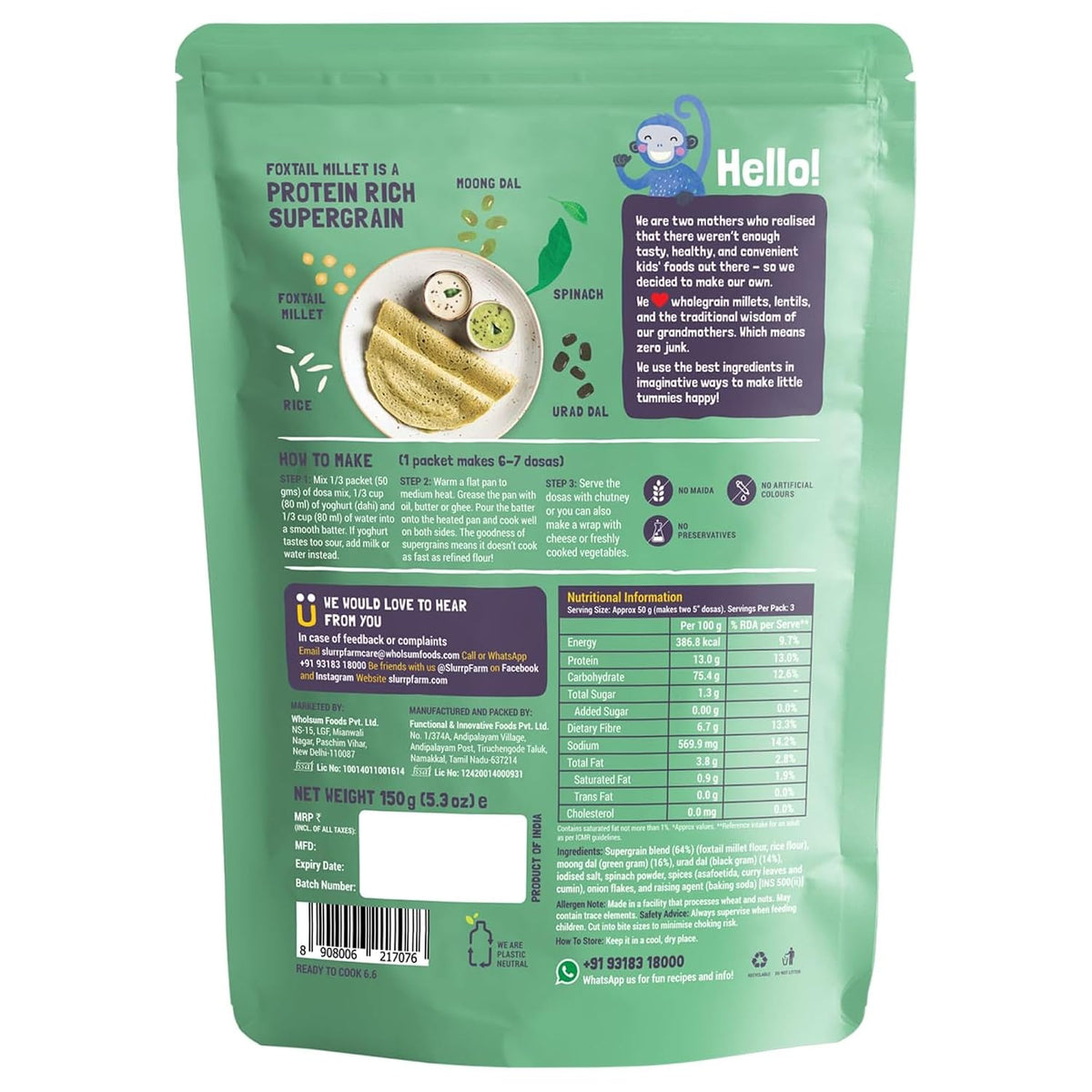 Slurrp Farm Millet Dosa Instant Mix, Supergrains Spinach And Beetroot, Natural And Healthy Food, 150g (Pack Of 2)