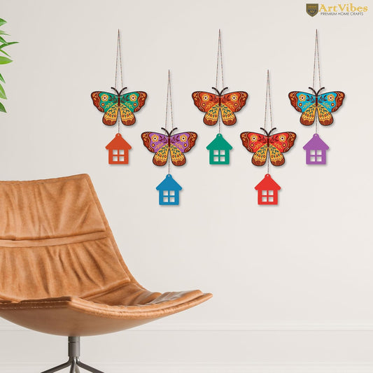 Artvibes Multicolored Butterfly Decorative Wall Art MDF Wooden Wall Hanger for Home | Room Wall Art | Modern Decor Artwork | Living Room | Cafe | Wall Art Print | Unique Gift (WH_9117N), Set of 5