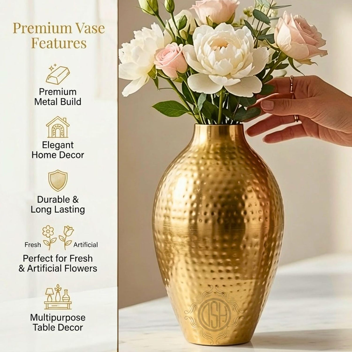 DSH Metal Hammered Flower Vase 15 Inch for Living Room, Home, Office, Center Table, Console Table, Shelf Styling & Event Decoration