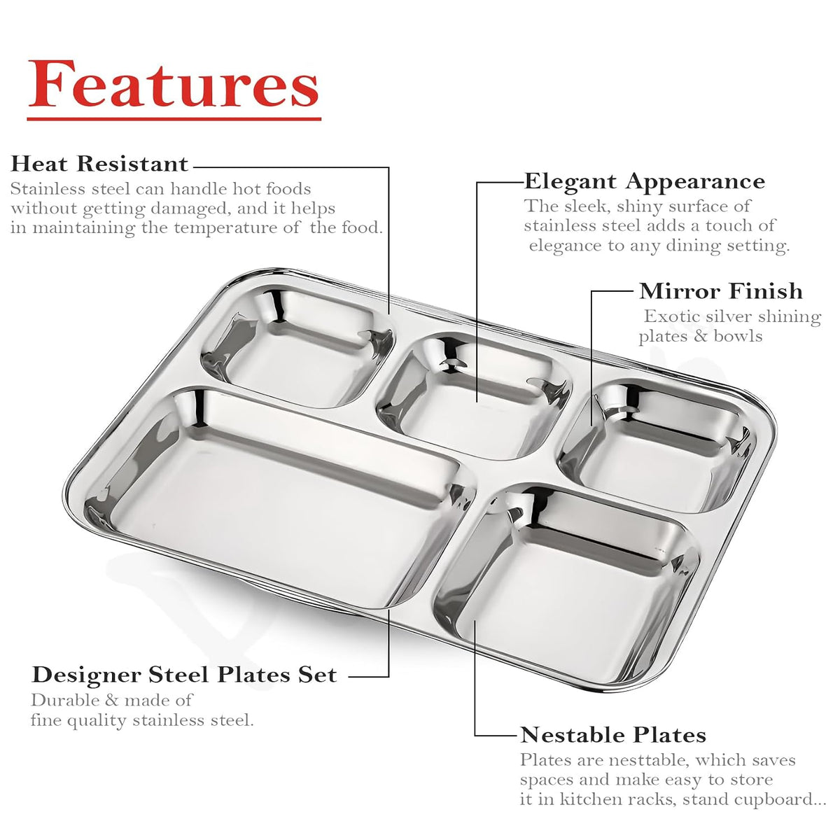 Parage 6 Pieces Stainless Steel 5- Compartment Plate Set/Dinnerware/ 5 in 1 Partition Thali/Kitchenware for Home, Restaurants- Bhojan Thali (Silver)