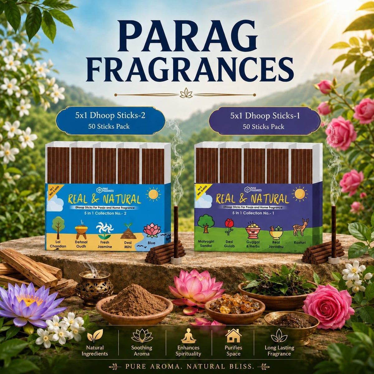 Parag Fragrances Real and Natural Dhoop Sticks Collection No.2 (Lal Chandan, Dehnal Oud, Fresh Jasmine, Desi Mitti & Pink Lotus) Dhoop Sticks for Home Fragrances & Pooja/Natural Dhoop Batti
