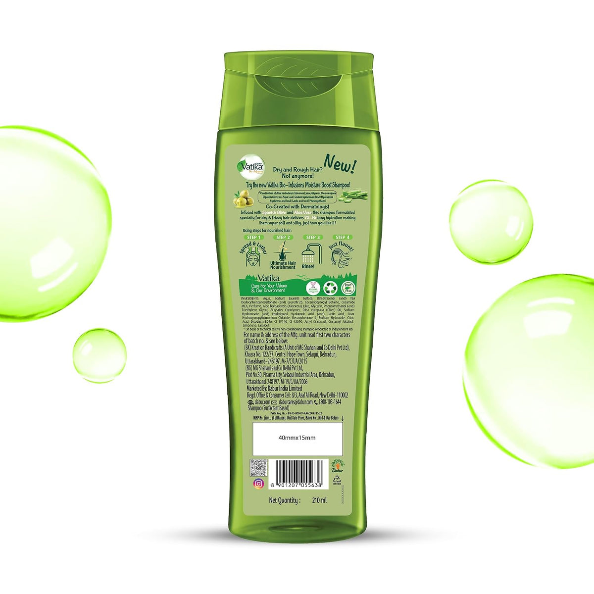 Dabur Vatika Bio-Infusions Moisture Boost Shampoo | Spanish Olive & Aloe Vera | 2% Plant Hyaluron + Hyaluronic Acid | 72 Hrs Hydration Boost | Deep Moisture & Natural Shine | No Added Salt | For Dry & Dehydrated Hair