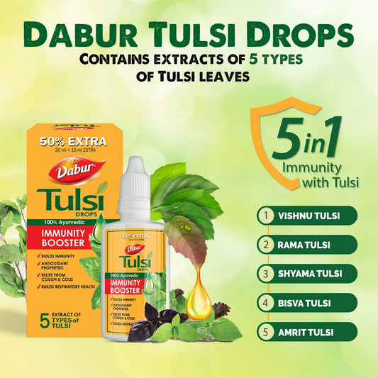 Dabur Tulsi Drops : 30ml (20ml + 10ml Free) | Contains Extracts of 5 Rare Tulsi | Boosts Immunity | Cough And Cold Relief | 100% Ayurvedic | Builds Respiratory Health (Pack of 2)