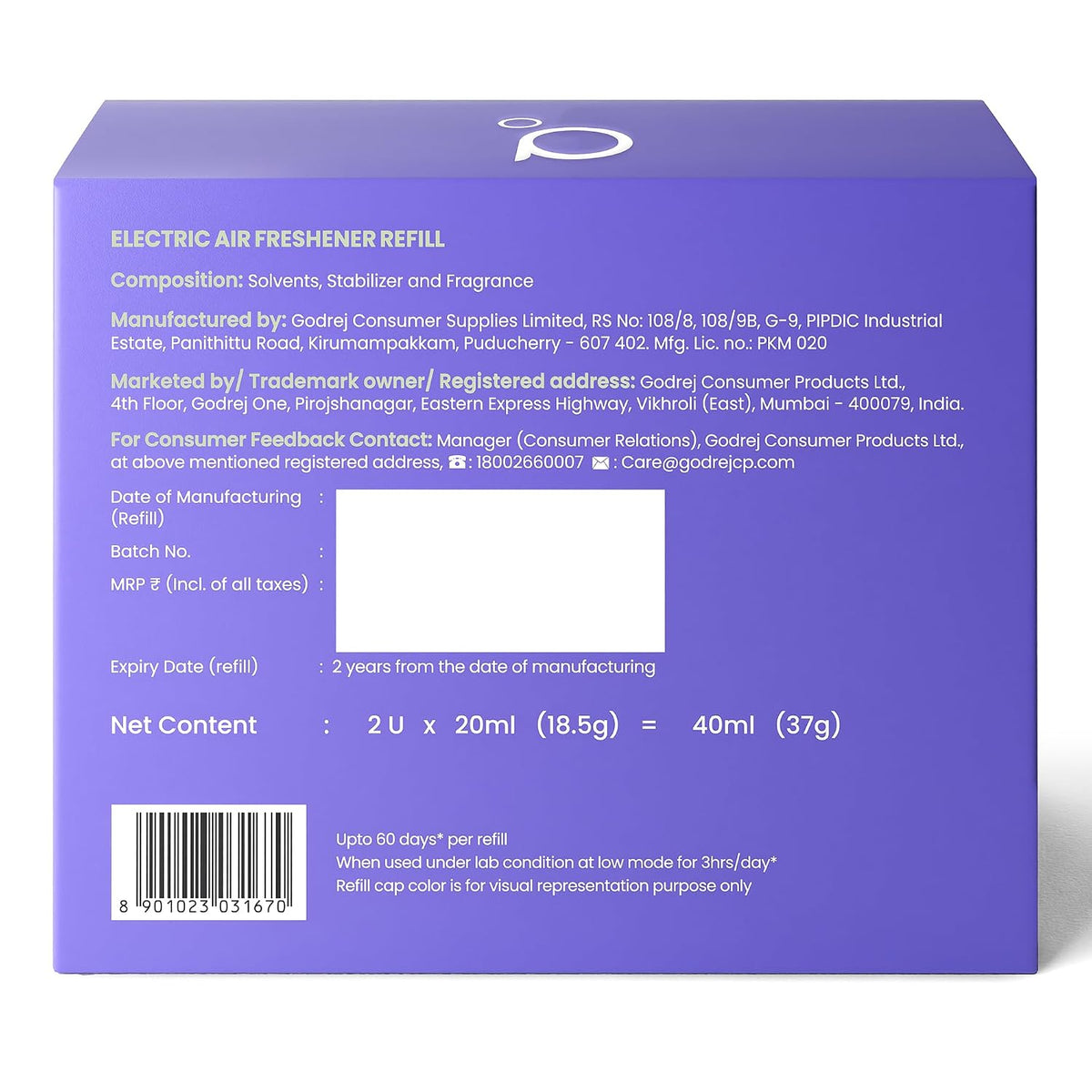 Godrej aer Plug Electric Air Freshener 2 Refills (20ml each) | Violet Bloom | Lasts up to 120 days, Liquid (Pack of 2)