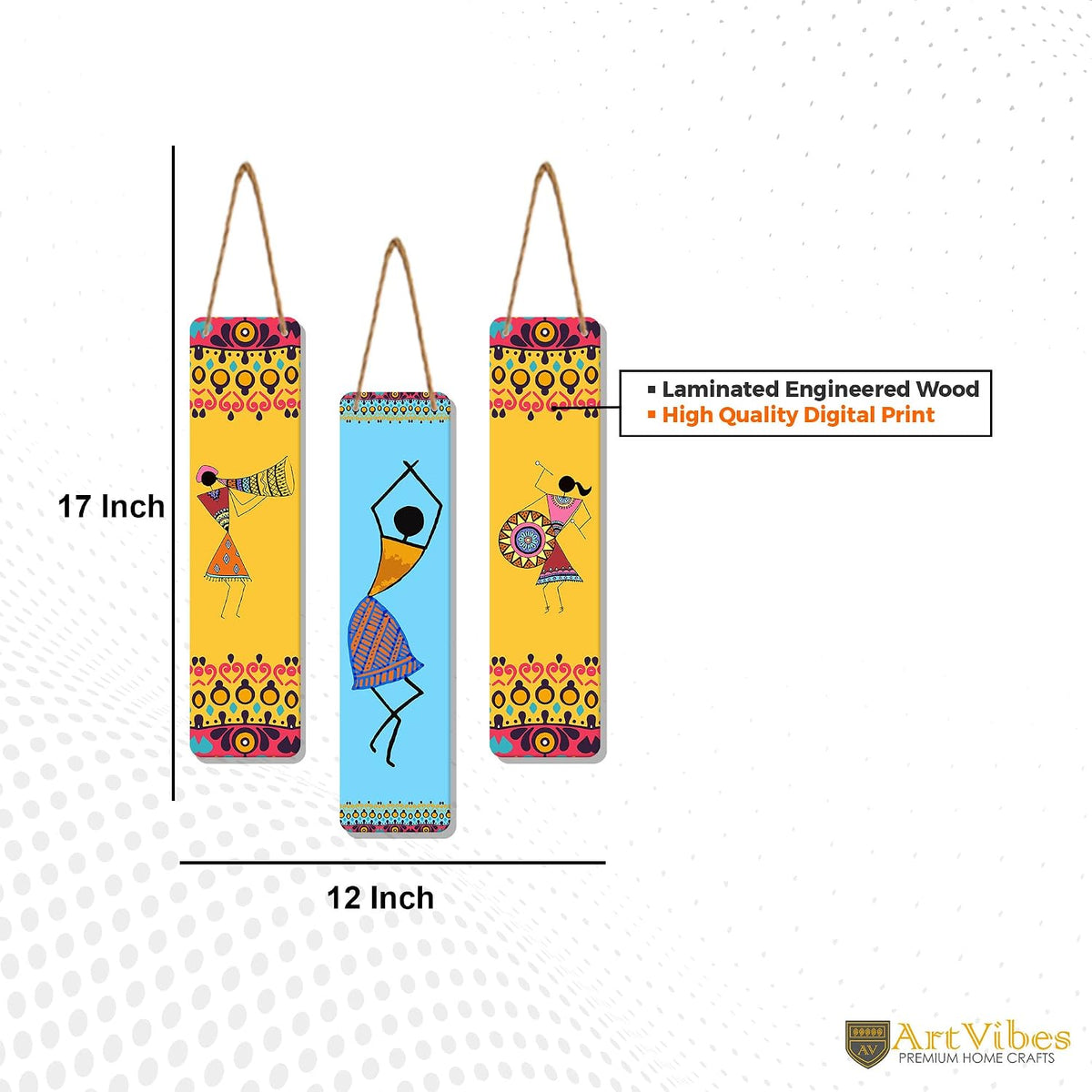 Artvibes African Warli Art Wooden Decoration Item for Living Room | Modern Decoration Items | Handcrafted | Living Room | Cafe | Aesthetic Wooden Decor | Ideal Gifts (WH_8108N), Set of 3