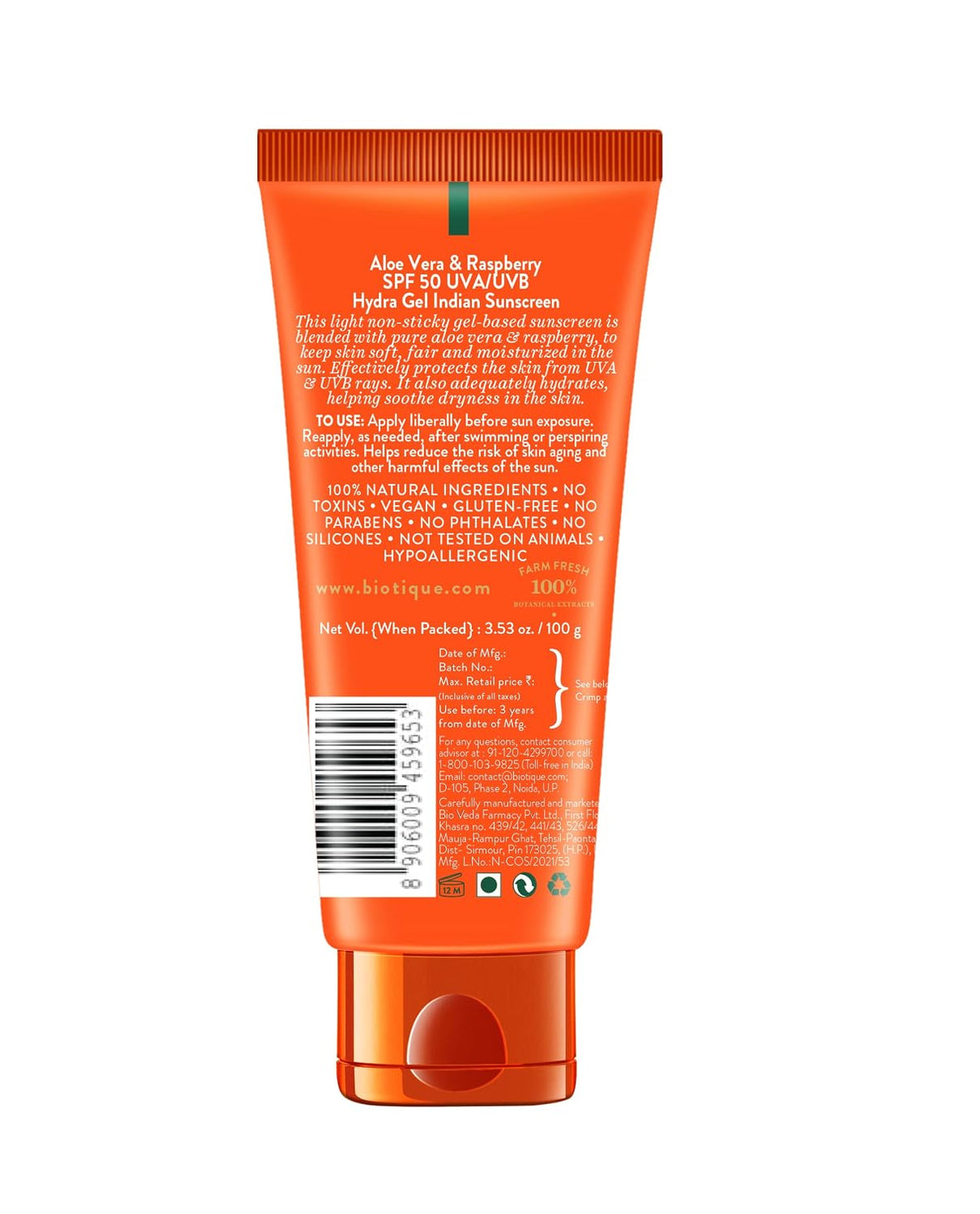 Biotique Men & Women Aloe Vera & Raspberry Spf 50 Non- Sticky Hydra Gel Sunscreen For All Skin Types For Indian Skin |Protects From UVA & UVB Rays | & - 100G, Pack Of 1
