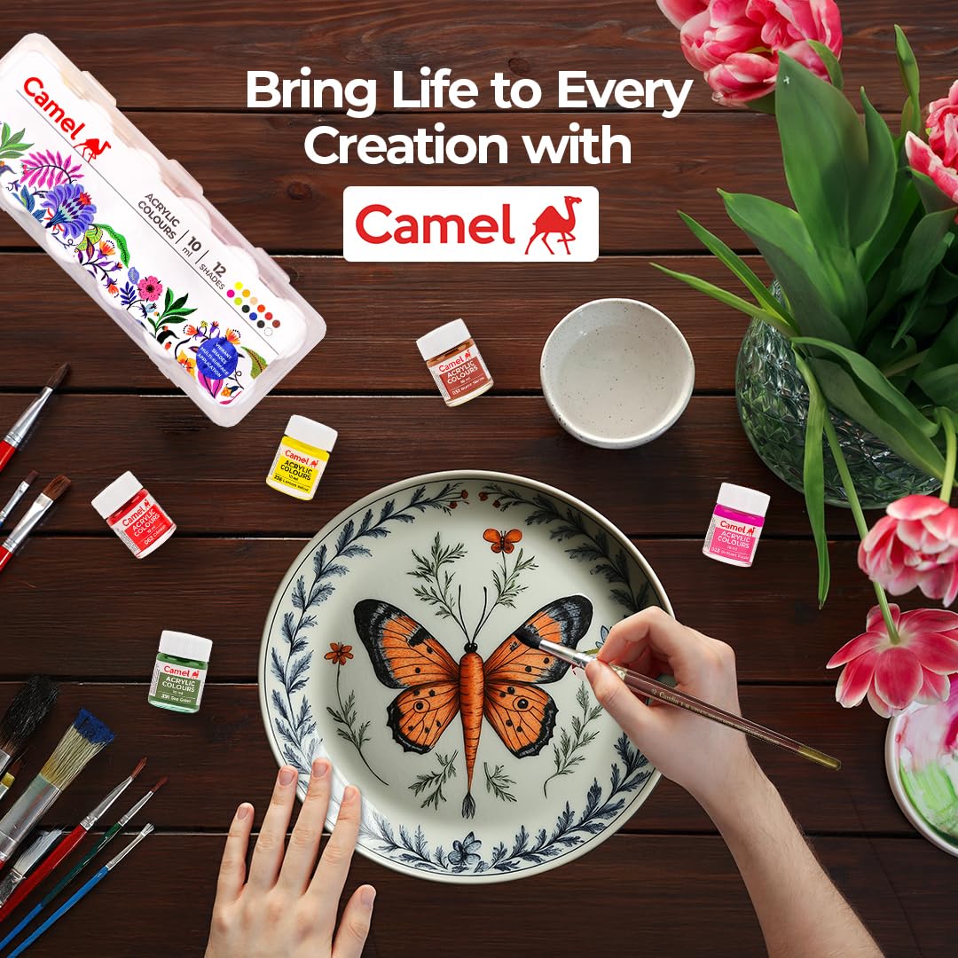 Camel Acrylic Ultra Colour – 12 Rich Shades (10ml each) | Multi-Surface DIY Paints | Vibrant & Permanent Colors | Suitable on Canvas, Wood, Fabric, Paper and Ceramics
