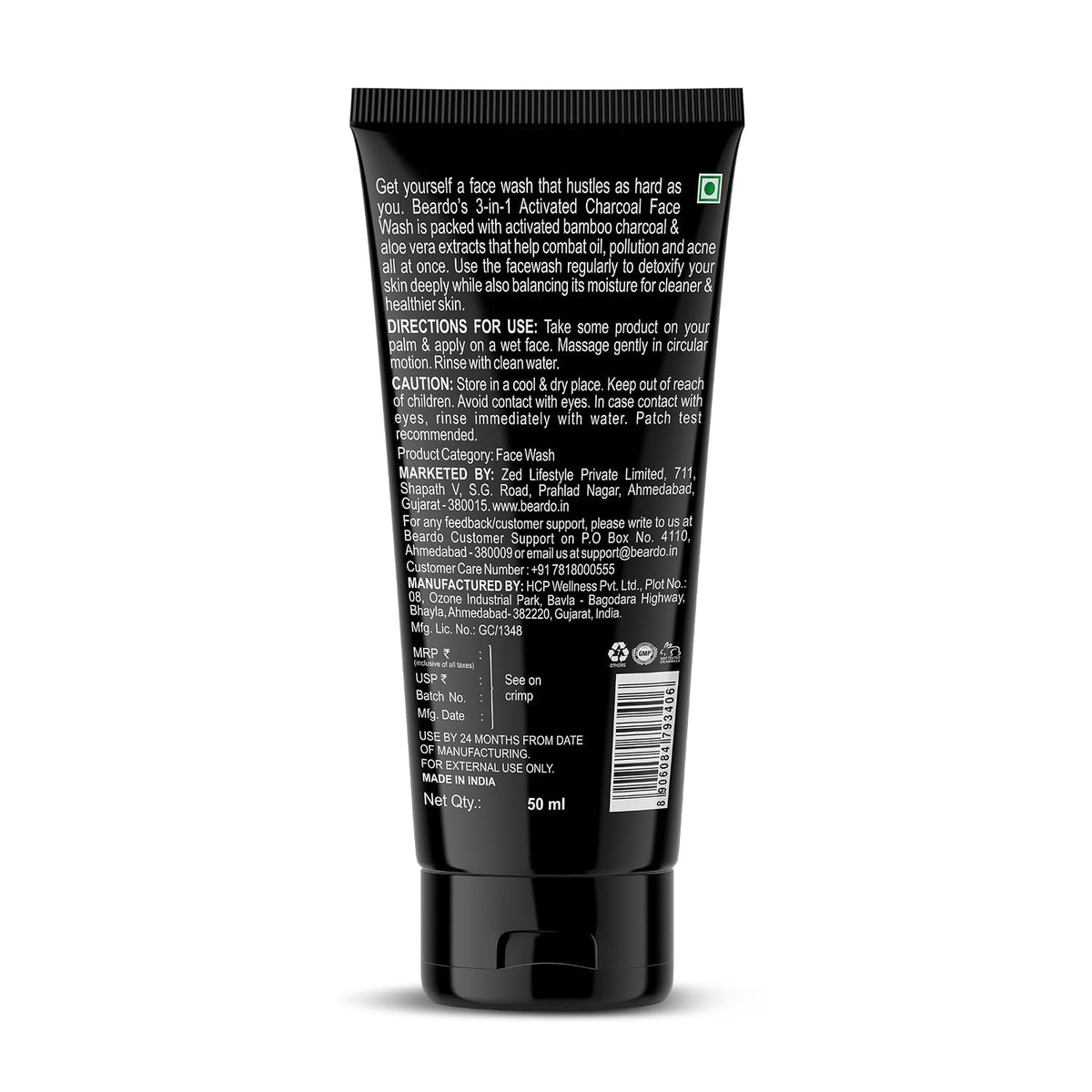 Beardo Activated Charcoal Face Wash for men, 50ml | For Deep Pore Cleaning and Removes Dirt | face wash for acne and pimples | face wash for oily skin