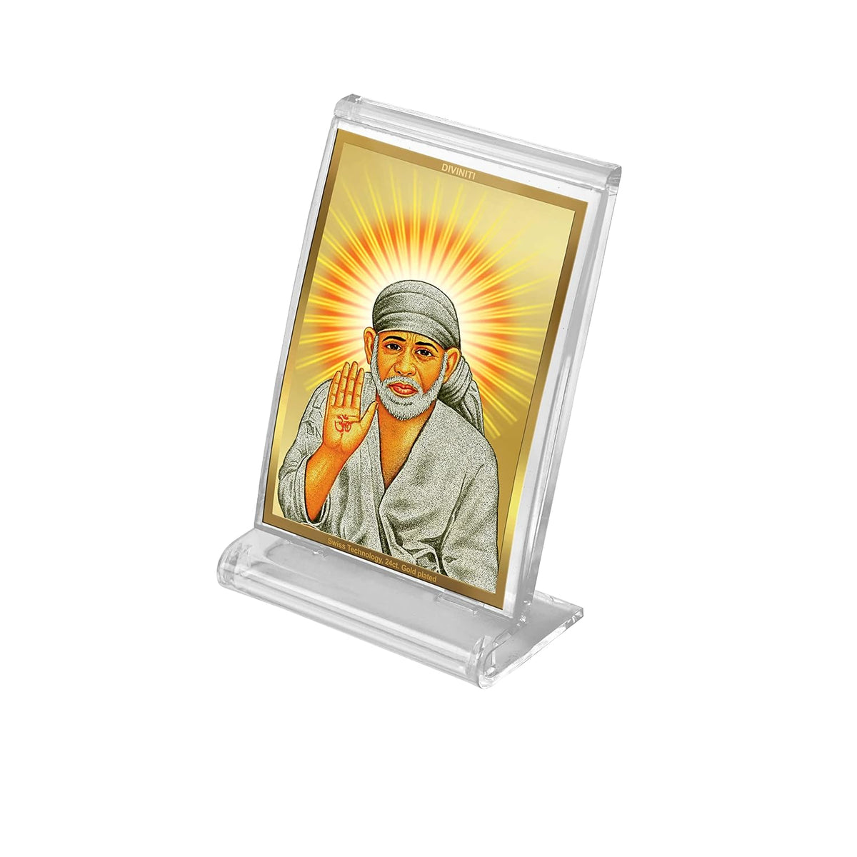 DIVINITI Sai Baba Photo Frame for Car Dashboard, Table Decor|ACF 3 Classic Sai Baba and 24K Gold Plated Foil| Religious Frame Idol for Pooja, Gifts Items (11.0X 6.8 CM)
