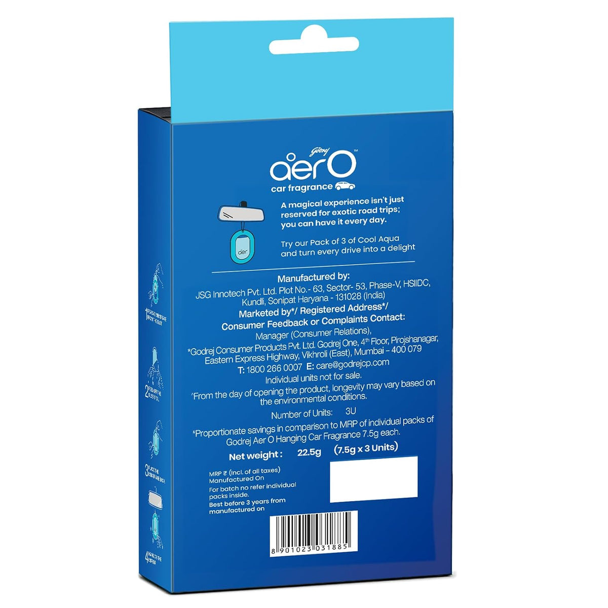 Godrej aer O – Hanging Car Air Freshener – Cool Aqua Pack of 3 (22.5g) | Gel Lasts up to 30 days | Car Accessories