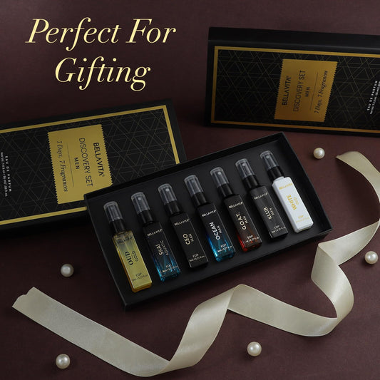 Bella Vita Luxury Discovery Gift Set 7x8ML Liquid Eau De Parfum Perfume for Men with Woody, Fresh & Oud Long Lasting EDP Fragrance Scent
