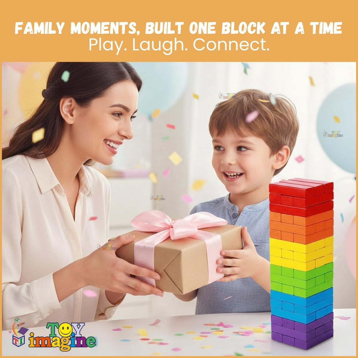 Toy Imagine 54 Pcs Colourful Wooden Blocks for Boys 7–14 Years – Indoor Balancing & Building Game, Montessori Wooden Toys, Kids Activity Tower Block for Cognitive Development & Fun