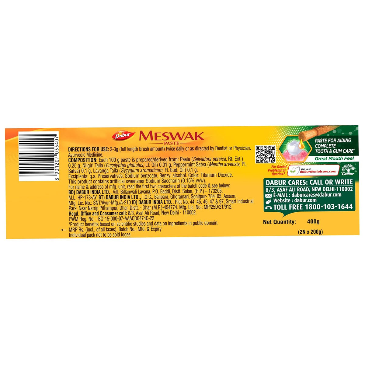 Dabur Meswak: India's No-1 Fluoride Free Toothpaste with Antibacterial, Anti Inflammatory & Astringent benefits,Cavity Protection|Helps fight Plaque, Tartar, Cavity and Tooth Decay- 400 gram(200gm*2)