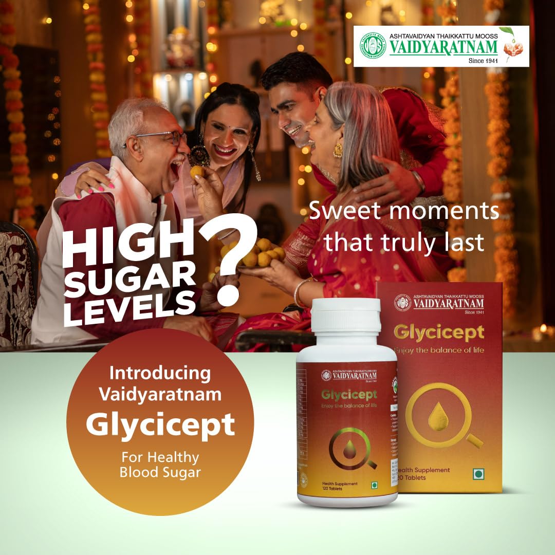 Vaidyaratnam Glycicept Tablets | Natural Support for Healthy Blood Sugar Levels | Regulates Glucose, Enhances Metabolism & Delays Sugar Absorption | Ayurvedic Nutraceutical | 60 Tablets