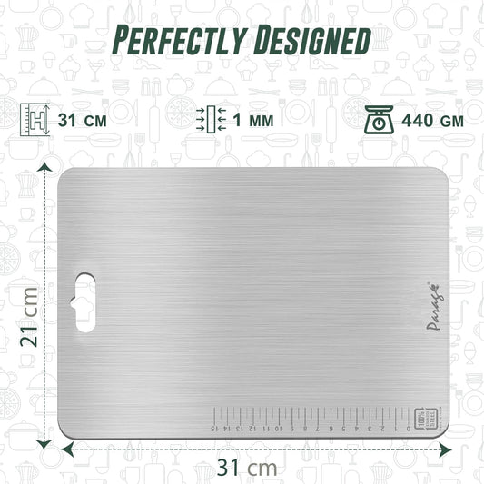 Parage Stainless Steel Medium Chopping Board 31 x 21 CM | Non Porous Kitchen Cutting Board for Home Use for Meat Fish Vegetables Fruits Bread | Anti Bacterial Odor Resistant Rust Free Heavy Duty