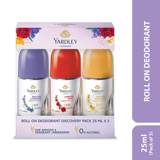 Yardley London Roll On for Women, Assorted Pack 25mlx3, for smooth & fragrant underarms, infused with natural licorice extract & floral oils