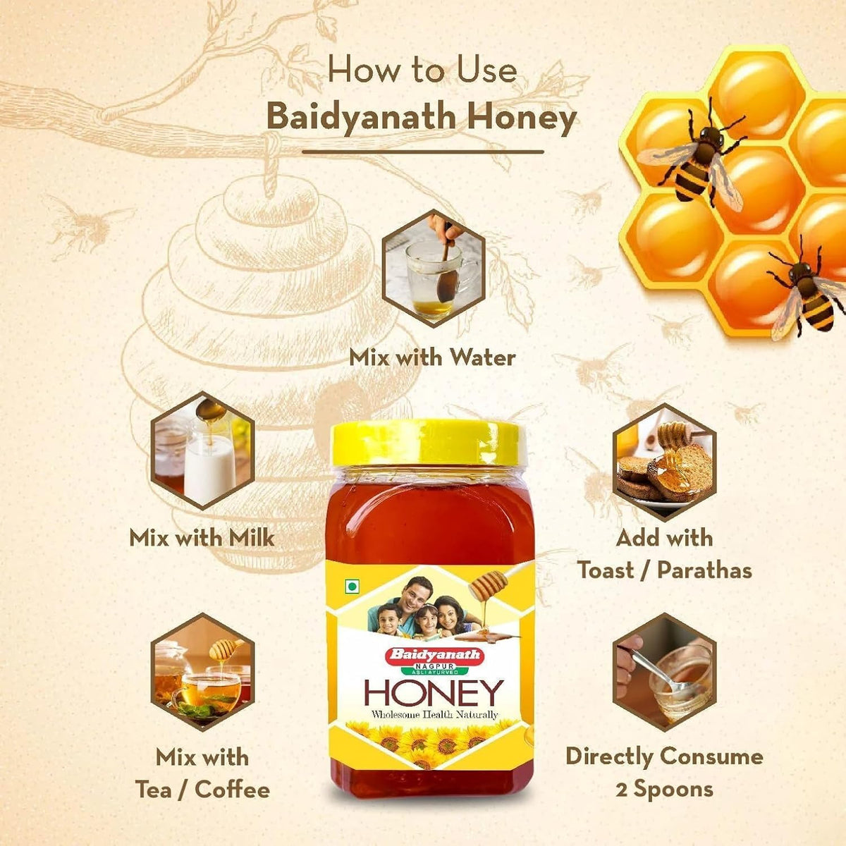 Baidyanath Asli Ayurved Honey 1Kg | Natural Immunity Booster, Pure & Wholesome - Weight Loss Support, Radiant Skin, Cough & Cold Defense | No Added Sugar
