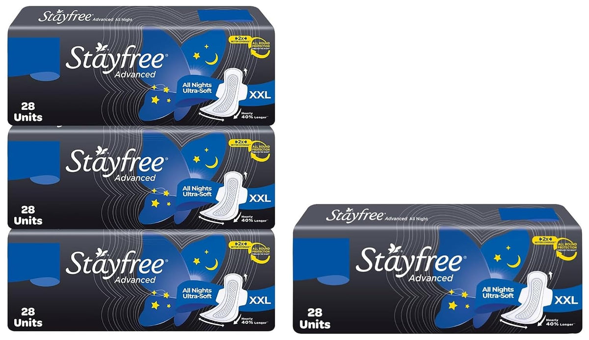 Stayfree Advanced Ultra Napkin & Stayfree Advanced Xxl|28 Pads|All Night Ultra Comfort Sanitary Pads For Women|Convert Heavy Flow Into Gel|Odour Control|Absorbs 2X More With Wider Back