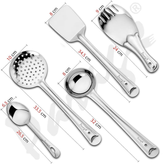 Parage 5 Pieces Stainless Steel Kitchen Tools Set for Kitchen Cooking and Serving, Pack of 5, Ladle(Karchhi), Skimmer(Jhara), Turner/Spatula (Palta), Basting and Rice Spoon, Silver