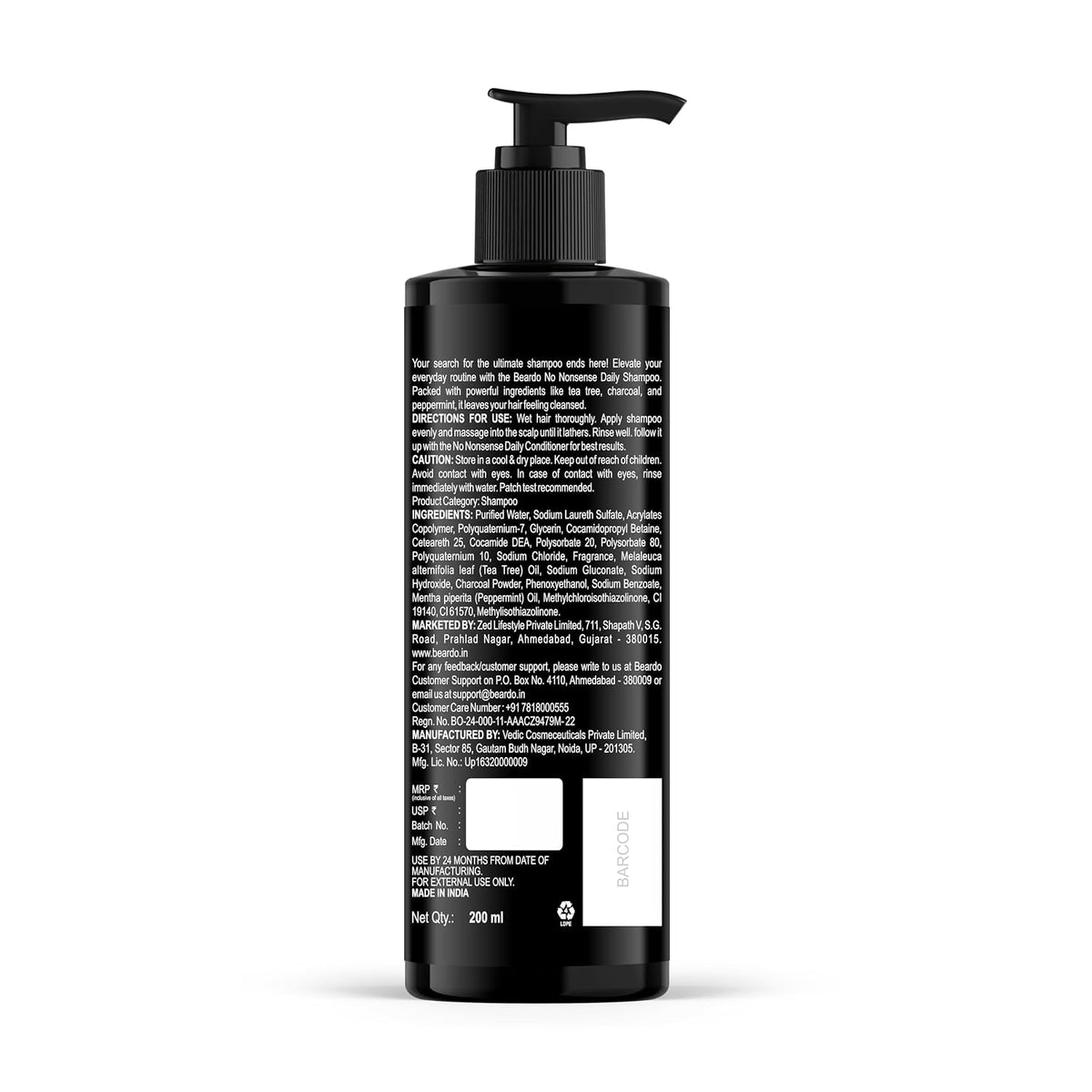 Beardo No Nonsense Daily Shampoo for Men 200ml | For Healthy, Clean Scalp | Anti-inflammatory Peppermint, Tea Tree Fights Dandruff | Activated Charcoal Detoxifies Scalp | Paraben Free | Daily Use Shampoo for Stronger, Cleaner Hair